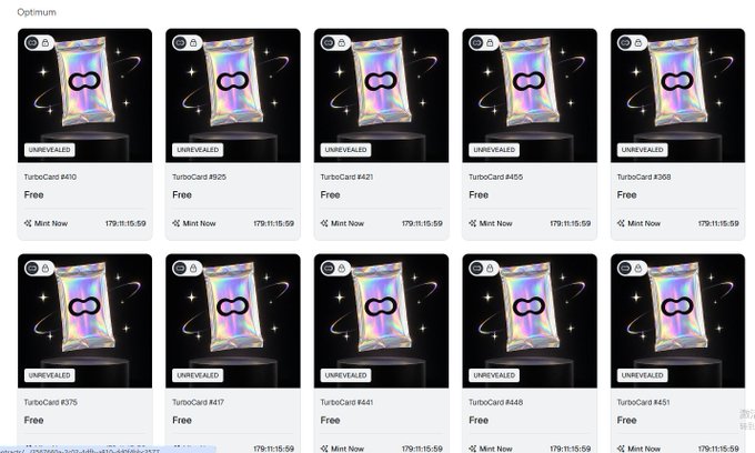 A screenshot of the Optimum marketplace shows a grid of free “TurboCard” collectibles, including #409, #925, #421, #455, #305, #375, #417, #441, #448, and #451, each marked “UNREVEALED” with minting around 179:11:15:59. The grid relates to the post’s warning about a limited quantity of 999 random TurboCard codes dropping on X and Discord, with the mint page listed as turbocards.getoptimum.xyz/optimum and the Discord invite as discord.gg/4m2QKpGW8g.