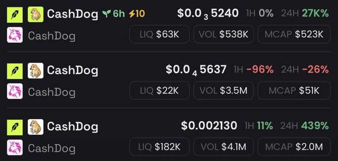 Three "CashDog" tokens listed on Solana DEXs are shown with varying market caps ($523K, $51K, $2.0M) and 24H price changes of +27%, -26%, and +439%, illustrating the proliferation of copycat meme coins—a phenomenon the post mocks by joking that "Solana devs are joining Robin Hood" to rob users with rug pulls.