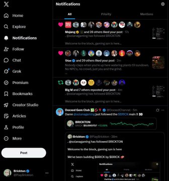 The image shows the Notifications tab of an X (Twitter) profile belonging to "Brickton," displaying alerts including the $BRICK ticker, with a post noting that Mojang (@MojangSupport) and @BrixWork just followed the $BRICK main X page. This relates to the caption by visually confirming the notifications about Mojang's engagement with the $BRICK social media account.
