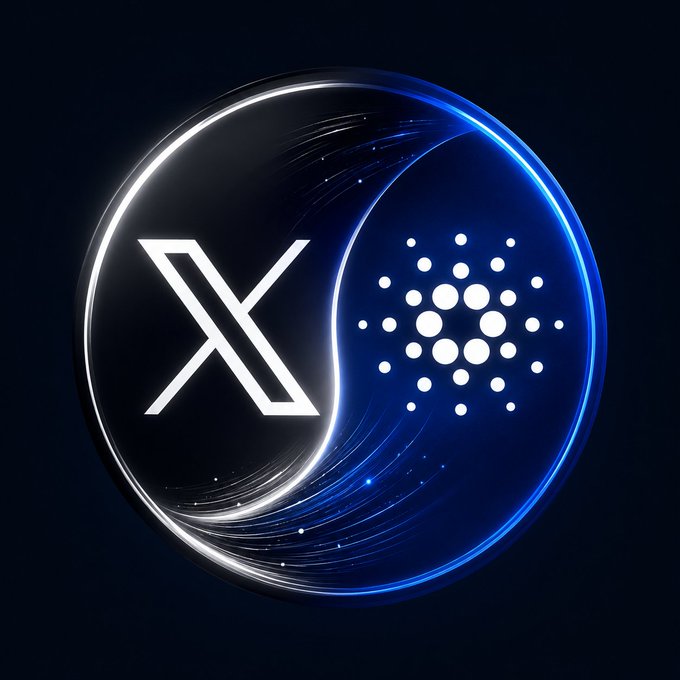 The image features a circular logo with two symbols - an x and a y. The x symbol represents Bitcoin, while the y symbol represents Cardano, a cryptocurrency. Both symbols are white against a black background. The text "Cardano has the strongest X community in crypto" is written below the y symbol, indicating that Cardano is known for its strong X community within the crypto world.