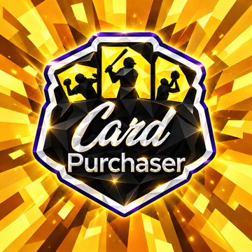 A logo for 'Card Purchaser' displayed on a yellow and black badge featuring silhouettes of athletes with sports equipment.