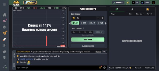 A screenshot of a Crash gambling game interface showing a graph that 'CRASHED AT 143%', with a betting panel for 'PLACE YOUR BETS', a chat window mentioning 'classic.degencoinflip.com', and a 'WAITING FOR PLAYERS' status.