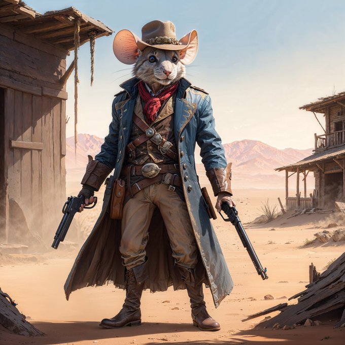 An anthropomorphic mouse dressed as a Wild West gunslinger in a long coat and cowboy hat, holding revolvers in a desert setting.
