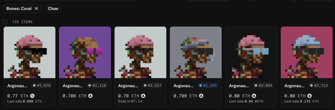 A screenshot of a digital marketplace displays multiple pixel-art NFTs titled "Bones: Coral," featuring pixelated coral formations with sunglasses, priced around 0.77 to 0.80 ETH.