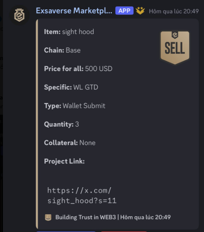 Discord marketplace listing from 'Exsaverse Marketpl...' showing an item 'sight hood' for sale at 500 USD on Base chain, wallet submit type, quantity 3, no collateral.