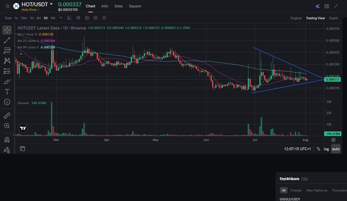 A trading chart for HOT/USDT on Binance showing price movements over time with a triangle pattern drawn, displaying a price of 0.000337.