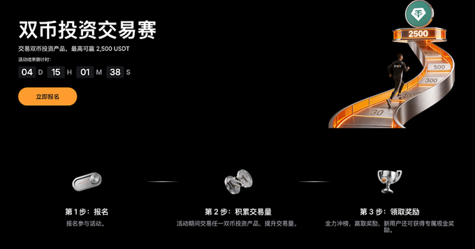 The image features a black background with an orange line, which appears to be a staircase or a path leading up to something. The text "Bybit_ZH Dual Asset S4 Trading Competition" is displayed at the top of the image, indicating that there might be some sort of competition related to trading assets on Bybit. Additionally, there are several medals and trophies scattered throughout the scene, suggesting that this event could be a significant achievement or milestone for those involved in it.