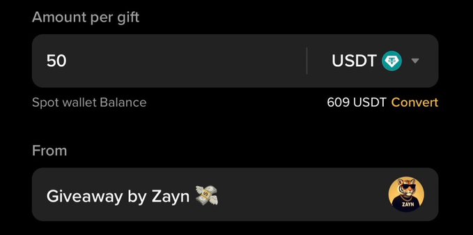 A cryptocurrency giveaway form shows a 50 USDT amount being sent from a "Giveaway by Zayn" account, with a spot wallet balance of 609 USDT visible. The interface supports the post's $50 giveaway claim, though the actual amount and sponsor shown (Zayn) appear inconsistent with the post's mention of @SOLWHALEDYOR.