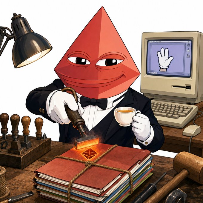 A cartoon red pyramid-headed character in a tuxedo stamps a bundle of documents bound with twine at a desk featuring a vintage Macintosh computer displaying a white-gloved hand cursor. The scene visually represents the "clawd-harness" project group's shipping report, illustrating the various clawd-prefixed repositories (clawd-research, clawd-morning-update, etc.) being stamped and finalized for delivery.