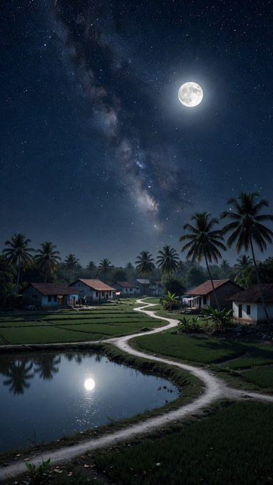 The image features a beautiful tropical village at night with a full moon illuminating the scene. The village consists of several houses, including one house located near a small lake or pond. The sky above the village is dark blue, creating an atmosphere of tranquility and peace. The photo captures the essence of rural life in this picturesque setting, showcasing the beauty of nature and the simplicity of living close to water sources.