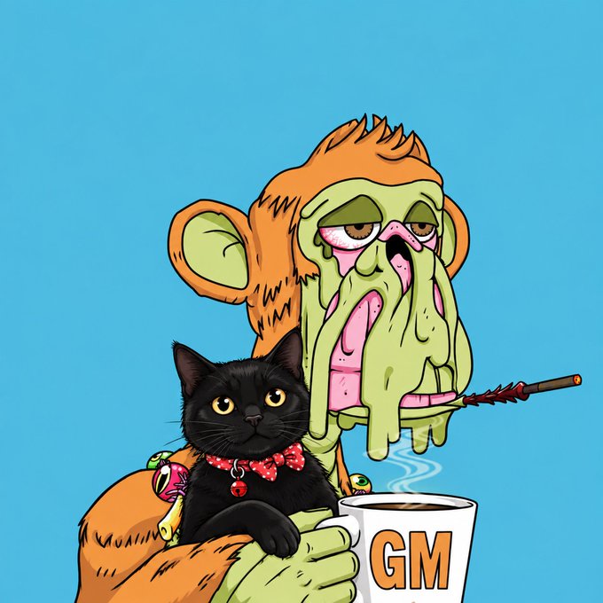 A cartoon illustration of a melting, green-faced zombie monkey smoking a cigarette, holding a mug labeled 'GM' with a black cat wearing a red bowtie sitting on its arm.