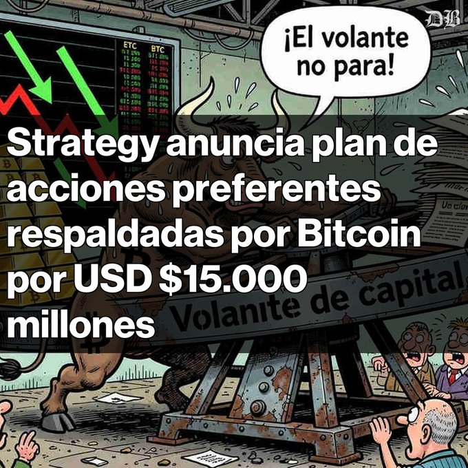 A cartoon illustration of a bull on a stock exchange floor with Spanish text 'Strategy anuncia plan de acciones preferentes respaldadas por Bitcoin por USD $15.000 millones' and a speech bubble reading '¡El volante no para!'.