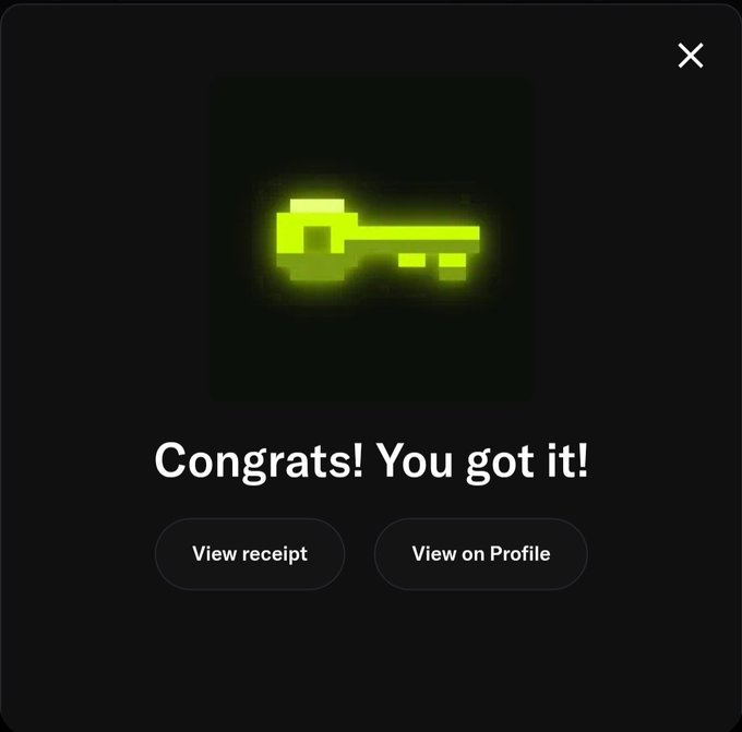 A dark screen displaying a glowing green pixelated key icon with the text 'Congrats! You got it!' and buttons for 'View receipt' and 'View on Profile'.