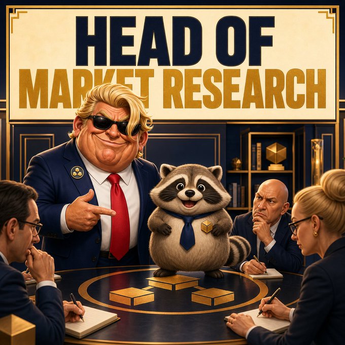 A stylized illustration showing a cartoon raccoon wearing a tie standing on gold bars in a corporate boardroom, with business people seated around and text reading 'HEAD OF MARKET RESEARCH'.