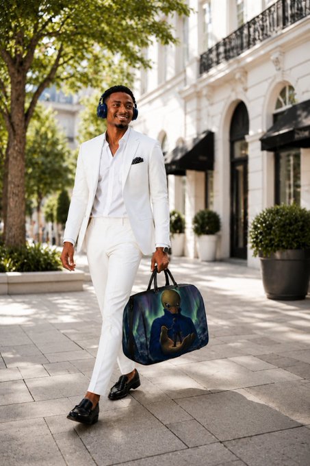A man dressed in a white suit and blue headphones walks down a sunny Parisian street, carrying a duffel bag featuring an alien design.
