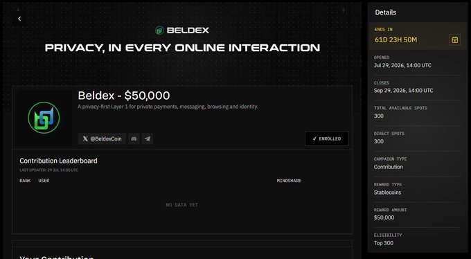 A Beldex crypto contribution page titled 'PRIVACY, IN EVERY ONLINE INTERACTION' showing a $50,000 Beldex Layer 1 campaign with 610 23H 50M remaining and 300 total spots.