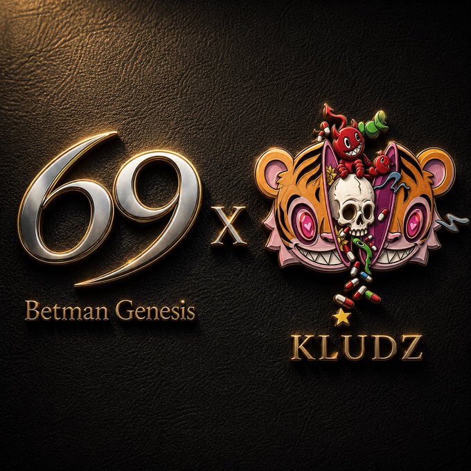 A promotional graphic featuring the text '69 x Betman Genesis x KLUDZ' on a dark leather-textured background, alongside a stylized tiger-head emblem with a skull and colorful cartoon character on top.