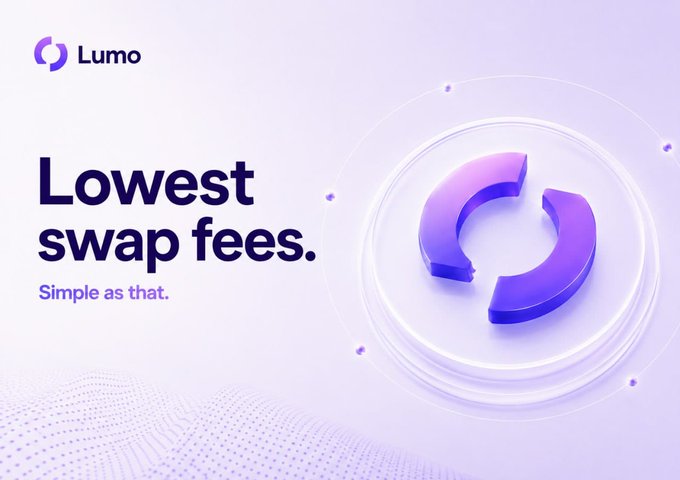 A promotional graphic for Lumo featuring a 3D purple logo and the text 'Lowest swap fees. Simple as that.' against a light purple background.