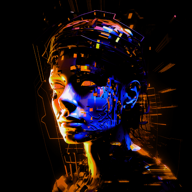 A digital, cyberpunk-style portrait of a woman with glowing red eyes, her face and form fragmented and overlaid with bright orange and blue geometric circuit-like patterns against a dark background.