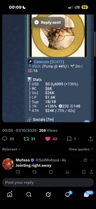 A mobile screenshot of a cryptocurrency social media post showing 'Catecoin ($CATE)' with a cat logo and stats including '+136%' gain, $5K market cap, and $K volume, along with a reply notification from 'Mufasa' at @SolMufasa saying 'Joining right away'.