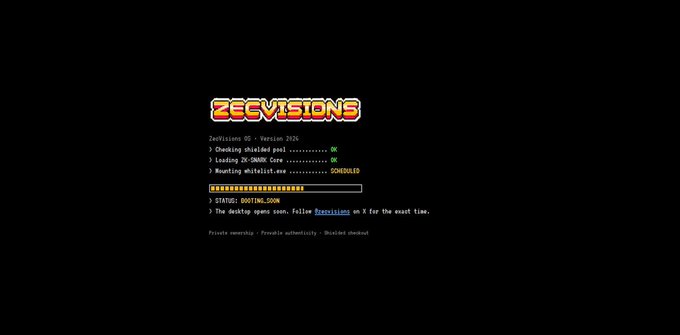 A retro-style boot screen displaying 'ZECVISIONS' logo with green status text including 'Checking shielded pool...OK', 'Loading ZK-SNARK Core...', 'Mounting whitelist.exe...COMPLETE', and 'STATUS: BOOTING.LOGON'.