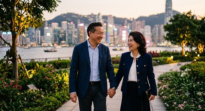 An older Asian couple holds hands while smiling at each other, walking along a waterfront path with the illuminated Hong Kong skyline in the background.