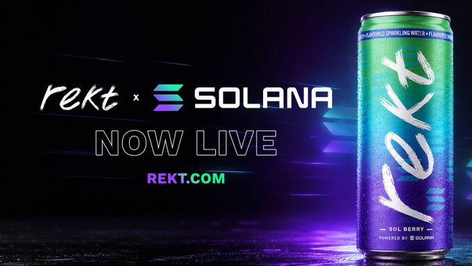 The image features a green can of soda with purple text that reads "Rekt x @Solana Solana" and "Now Live". The background of the image is black, which contrasts with the vibrant colors of the soda can. The caption below the image states "Rekt x @Solana SOL Berry is LIVE. Exclusively on rekt.com." This text suggests that the image is related to a social media post promoting Rekt and Solana products.