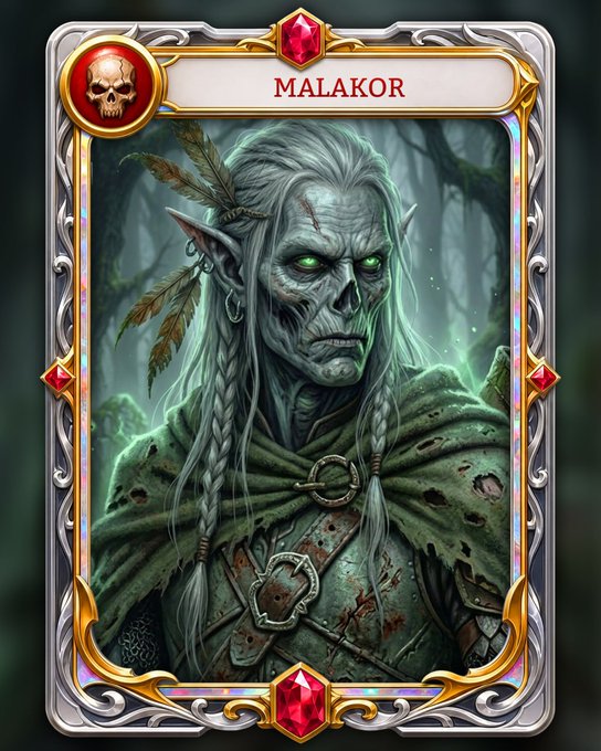 A fantasy trading card featuring a skeletal undead elf-like figure with glowing green eyes and braided white hair, labeled 'MALAKOR' at the top.
