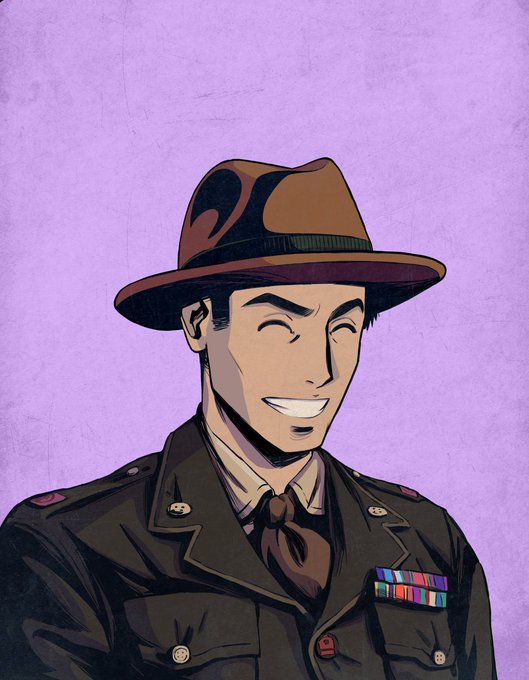 A stylized portrait illustration depicts a smiling man in a brown military uniform and hat, wearing a necktie and displaying colorful medal ribbons on his chest, set against a purple background.