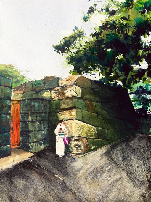 A watercolor painting depicting a woman in a light-colored kimono with a pink bag walking beside a stone wall next to a wooden gate, with a large green tree overhead.