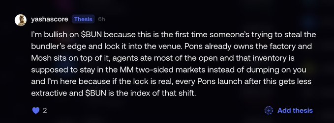 A social media post by user 'yashascore' expressing a bullish thesis on the ticker $BUN, stating 'I'm bullish on $BUN because this is the first time someone's trying to steal the bundler's edge and lock it into the venue. Pons already owns the factory and Mosh sits on top of it...'