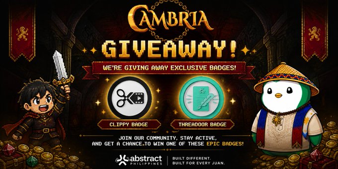 A promotional banner for a Cambria giveaway featuring 'CLIPPY BADGE' and 'THREADOOR BADGE', with cartoon characters and the 'abstract PHILIPPINES' logo, reading 'JOIN OUR COMMUNITY, STAY ACTIVE, AND GET A CHANCE TO WIN ONE OF THESE EPIC BADGES!'