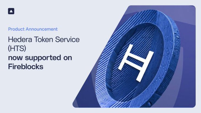 A promotional graphic featuring the Hedera "H" logo on a blue textured background, with text announcing that Hedera Token Service (HTS) is now supported on Fireblocks. The image visually reinforces the partnership announcement by pairing Fireblocks' branding tag with Hedera's iconic logo, symbolizing the integration of HTS token support for institutional custody.