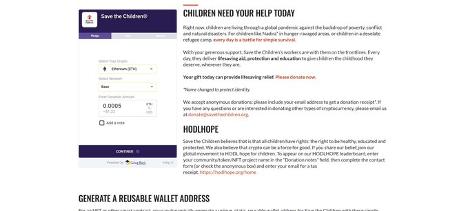 A screenshot of a Save the Children donation webpage titled 'CHILDREN NEED YOUR HELP TODAY' shows a donation form for ETH and an explanation of how anonymous donations are accepted to help children in conflict zones like Gaza and the HODLHOPE initiative.
