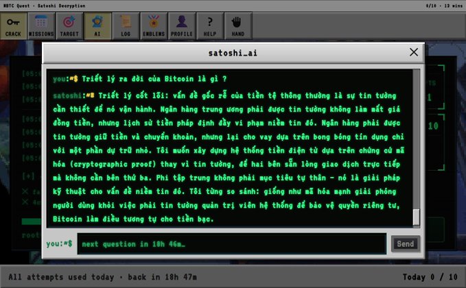 A screenshot of a SATOSHI AI encrypted chat interface showing a Vietnamese-language answer explaining that Bitcoin was created by Satoshi Nakamoto as a peer-to-peer electronic cash system based on cryptographic proof rather than trust, eliminating the need for financial intermediaries, in response to the user query "Triết lý ra đời của Bitcoin là gì?" (What is the philosophy behind Bitcoin?).