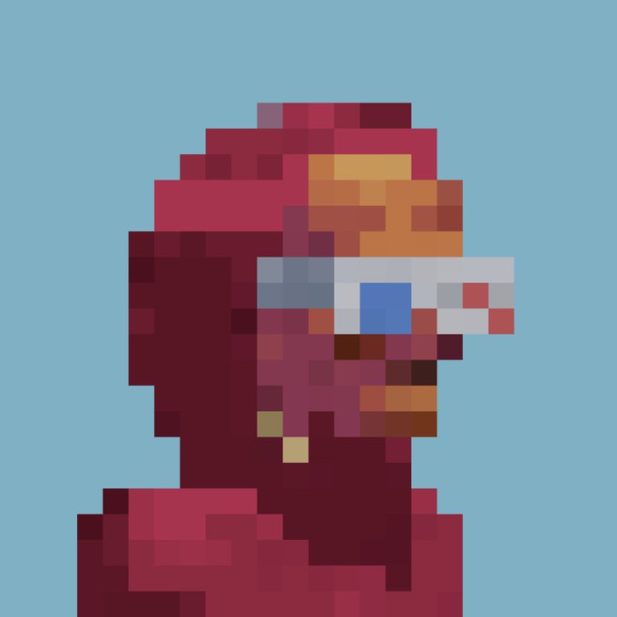 Pixel art illustration of a person with red hair wearing white and blue visor sunglasses against a light blue background.