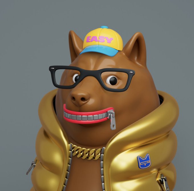 A 3D rendered character of a brown dog wearing black glasses, a gold chain, a gold puffer jacket, and a yellow and blue cap with 'EASY' written in pink.