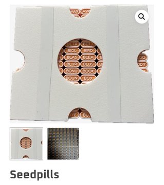 A product listing shows a white foam tray with circular cutouts, featuring a honeycomb-patterned cardboard insert, labeled "Seedpills".