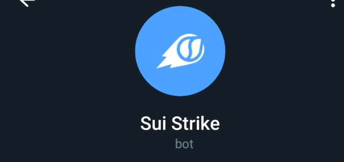 A Telegram bot profile page displays the "Sui Strike" bot with a blue circular logo featuring a stylized comet/rocket design, and the text "Sui Strike" with "bot" labeled underneath on a dark background. The image serves as promotional visual for the Telegram bot advertised in the post, which promotes a meme trading bot for the Sui blockchain.