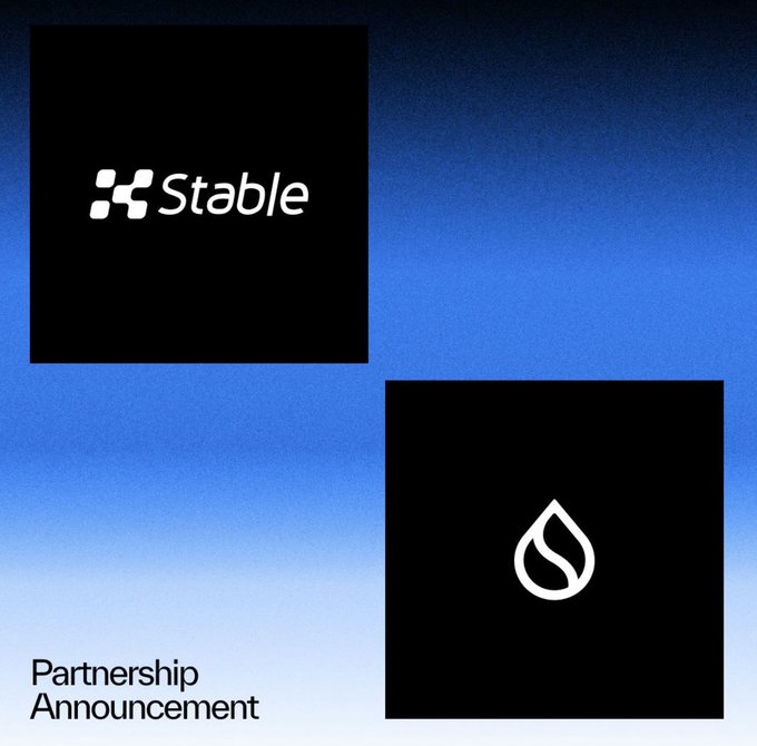 A minimalist partnership announcement graphic displays a black square with the 'Stable' logo alongside a black square featuring a stylized water droplet icon, set against a blue gradient background.