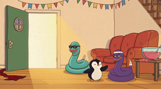 A cartoon illustration of two snakes (one teal with sunglasses, one purple) and a small penguin inside a room with party bunting, a red couch, and a punch bowl.