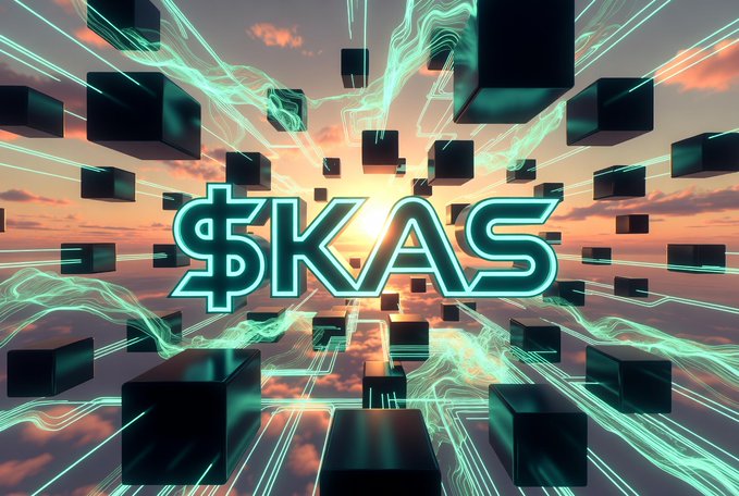 The image features the "$KAS" ticker prominently displayed against a dramatic sunset sky with floating black cubes and flowing teal energy waves, symbolizing Kaspa's blockchain network. The futuristic, technology-inspired design visually reinforces the post's message about Kaspa's upcoming advancements, including programmable covenants, native KRC-20 tokens, and enhanced developer tools.