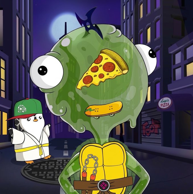 A cartoon illustration of a green, slimy, one-eyed monster with a pizza slice for a face and padlocks on its chest, standing in a dark city alley. A small penguin dressed in a martial arts gi stands nearby next to a manhole cover, with a sign reading 'Luigi's PIZZA' visible in the background.