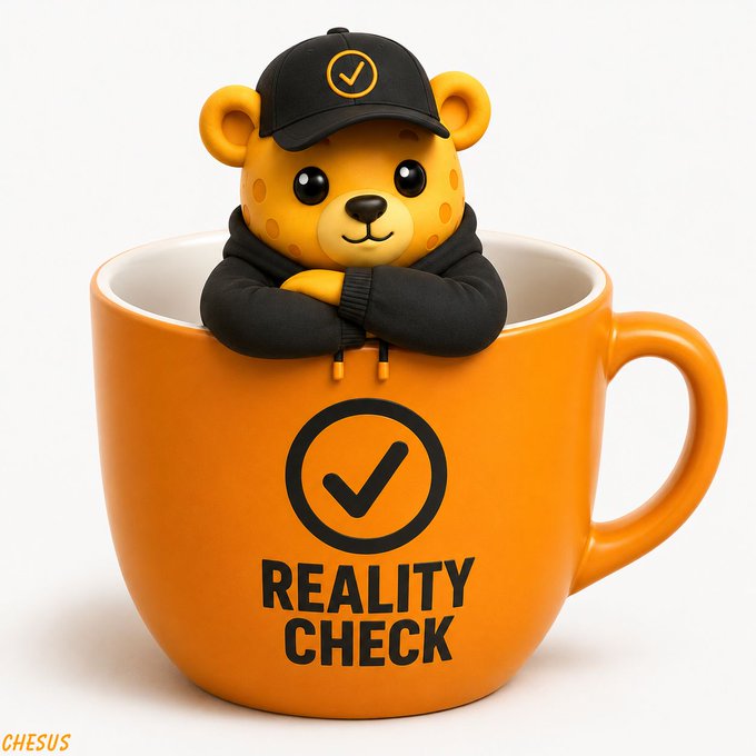 A 3D-rendered cartoon leopard in a black hoodie and checkmark cap sits inside an orange coffee mug labeled "REALITY CHECK," signed by "CHESUS."