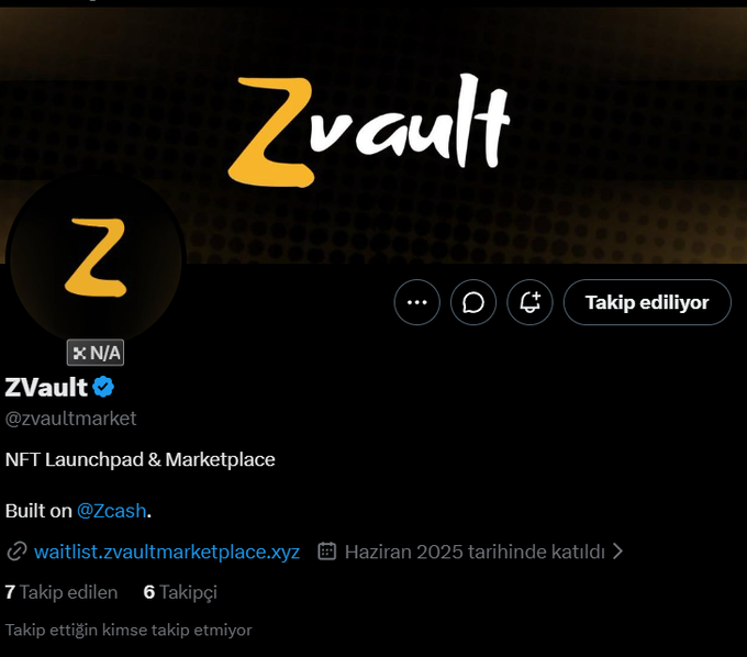 A Twitter/X profile for ZVault (@zvaultmarket), an 'NFT Launchpad & Marketplace' built on @Zcash, showing 7 reposts and 6 followers.