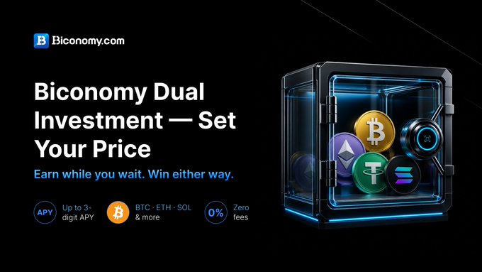 The image shows a black background with white text that promotes a Bitcoin trading platform called Biconomy. The main focus of the image is an open safe, which has multiple stacks of Bitcoins inside. There are at least six Bitcoins visible within the safe's structure. Below this scene, there's a line of advertisement text promoting the benefits and features of the Biconomy dual investment system. This includes offering returns while waiting for orders, earning up to 3-digits APY, and fees ranging from 0% to 100%.