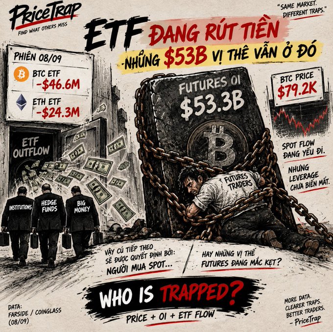 A financial infographic from PriceTrap titled 'ETF ĐANG RÚT TIỀN NHƯNG $53B VÌ THẾ VẪN Ở ĐÓ,' showing BTC ETF outflows of $46.6M and ETH ETF outflows of $24.3M on session 08/09, while Futures OI remains at $53.3B, questioning 'WHO IS TRAPPED?'