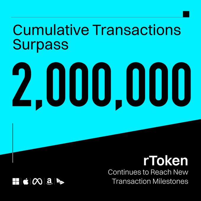 A turquoise and black promotional graphic for rToken announcing that cumulative transactions have surpassed 2,000,000, with platform icons for Windows, Apple, Meta, Amazon, and Google at the bottom.