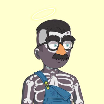A cartoon illustration of a skeleton character with dark hair, a mustache, glasses, a yellow halo, and blue overalls, set against a pale yellow background.