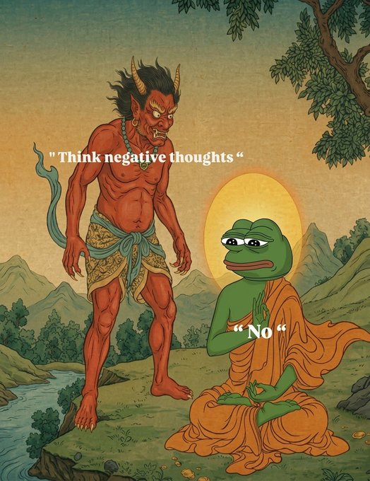 An illustration featuring a red demon saying 'Think negative thoughts' and a meditating green frog (Pepe) saying 'No' in a traditional Asian art style.